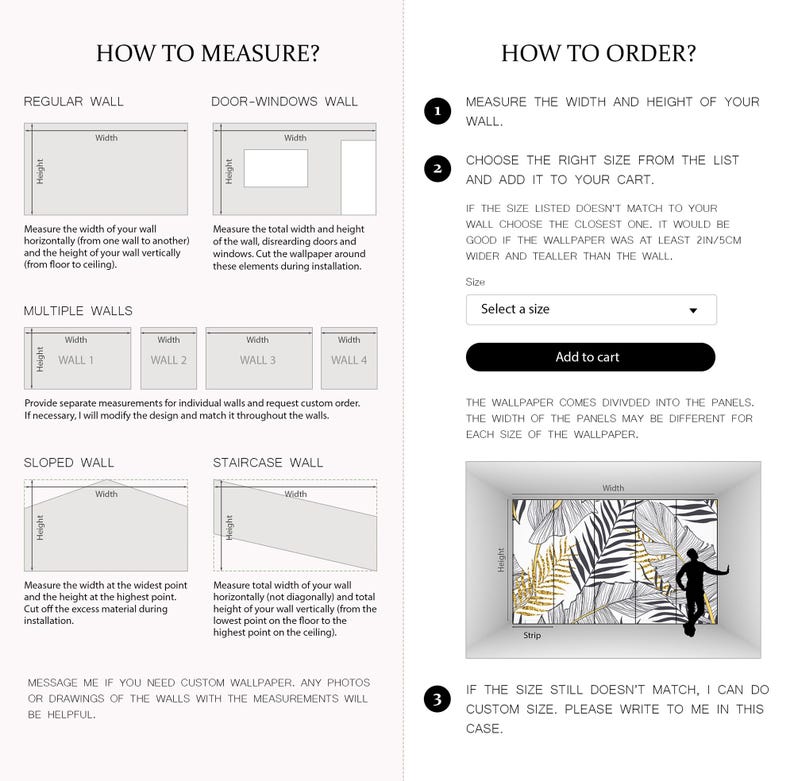 May include: An instructional guide for measuring walls and ordering wallpaper. The image features diagrams for regular, door-window, multiple, sloped, and staircase walls, alongside a step-by-step ordering process with a dropdown menu and a preview.