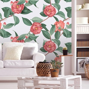 Vintage red flower wall mural, self adhesive, peel and stick wallpaper, retro wall decor, removable peel and stick wallpaper #405