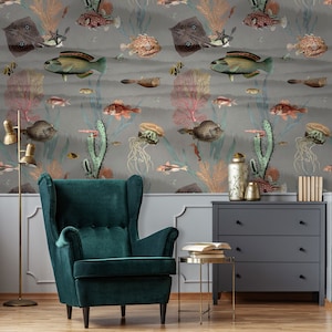 Dark vintage wallpaper with fish pattern, self adhesive wall mural, peel and stick wallpaper, retro temporary wallpaper #559