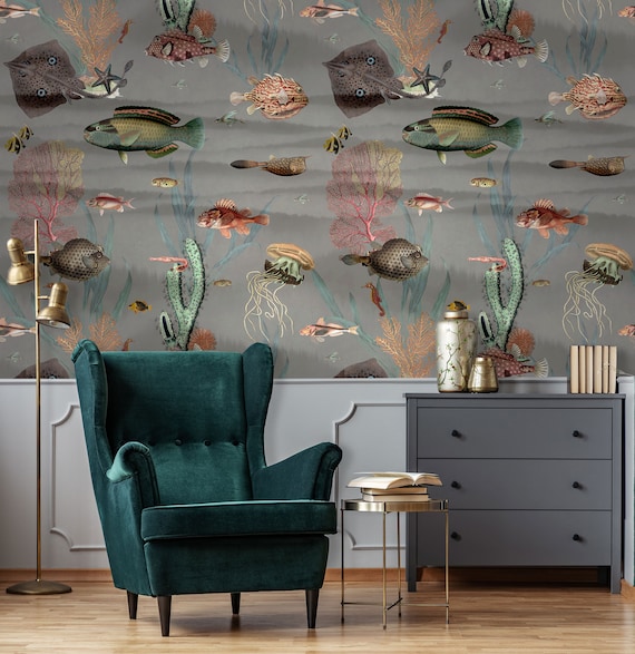 Dark Vintage Wallpaper With Fish Pattern Self Adhesive Wall - Etsy Australia Dark Vintage Wallpaper With Fish Pattern Self Adhesive Wall - Etsy Australia
