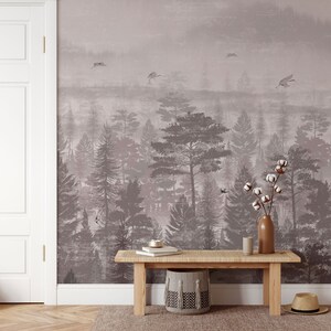Vintage forest landscape, foggy trees wall mural, self adhesive, peel and stick mural, removable or traditional wallpaper #578