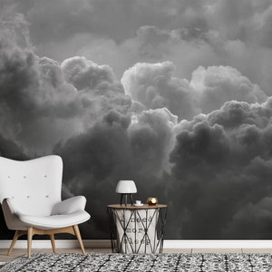Dramatic dark cloud wallpaper, self adhesive wallpaper, black and white wallpaper, removable, peel and stick wallpaper, retro wallpaper #345