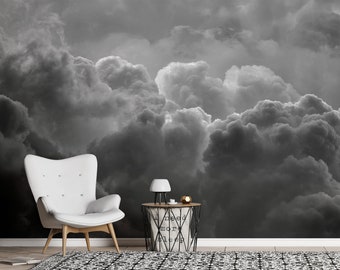 Dramatic dark cloud wallpaper, self adhesive wallpaper, black and white wallpaper, removable, peel and stick wallpaper, retro wallpaper #345
