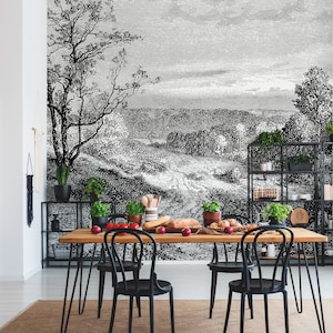 Scenic wall mural, peel and stick wall mural, vintage art wallpaper, etching wallpaper, self adhesive removable wallpaper #253
