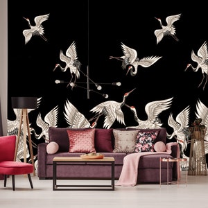 Flying cranes wall mural, peel and stick vintage wallpaper, removable bird wallpaper, wall sticker, vintage wall art #83
