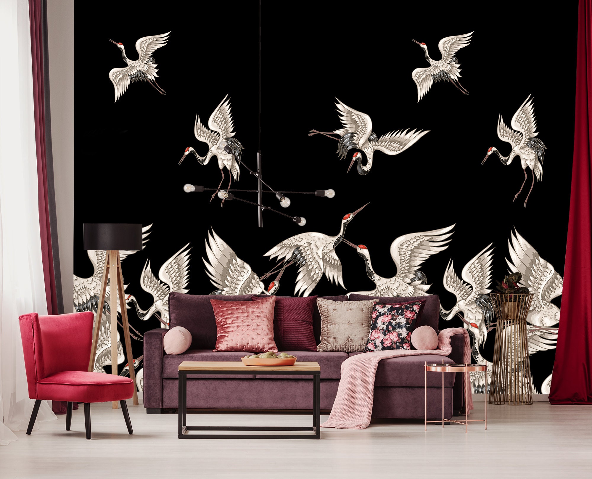 Flying Cranes Wall Mural, Peel and Stick Vintage Wallpaper, Removable ...