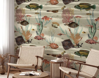 Papel de parede vintage com estampa de peixes, mural de parede autoadesivo, papel de parede removível, papel de parede retrô temporário #558