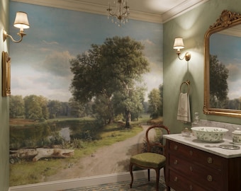 Scenic rural landscape wall mural, vintage wallpaper with a tree, home decor, self adhesive peel and stick or traditional vinyl #576