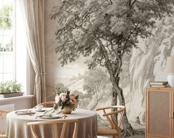 Mountain trip wall mural, old landscape, sepia wallpaper, self adhesive, peel and stick mural, removable or traditional wallpaper #573