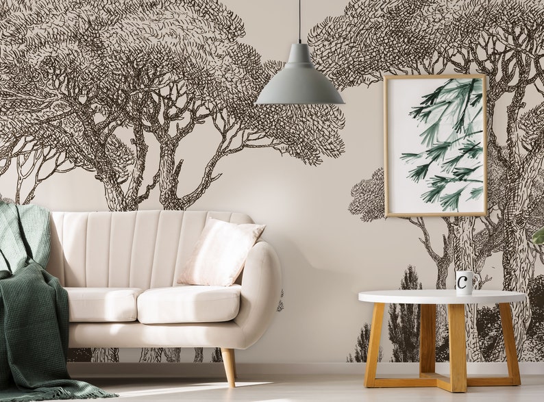 Trees Wallpaper Mural Self Adhesive Wallpaper Forest Vintage Etsy