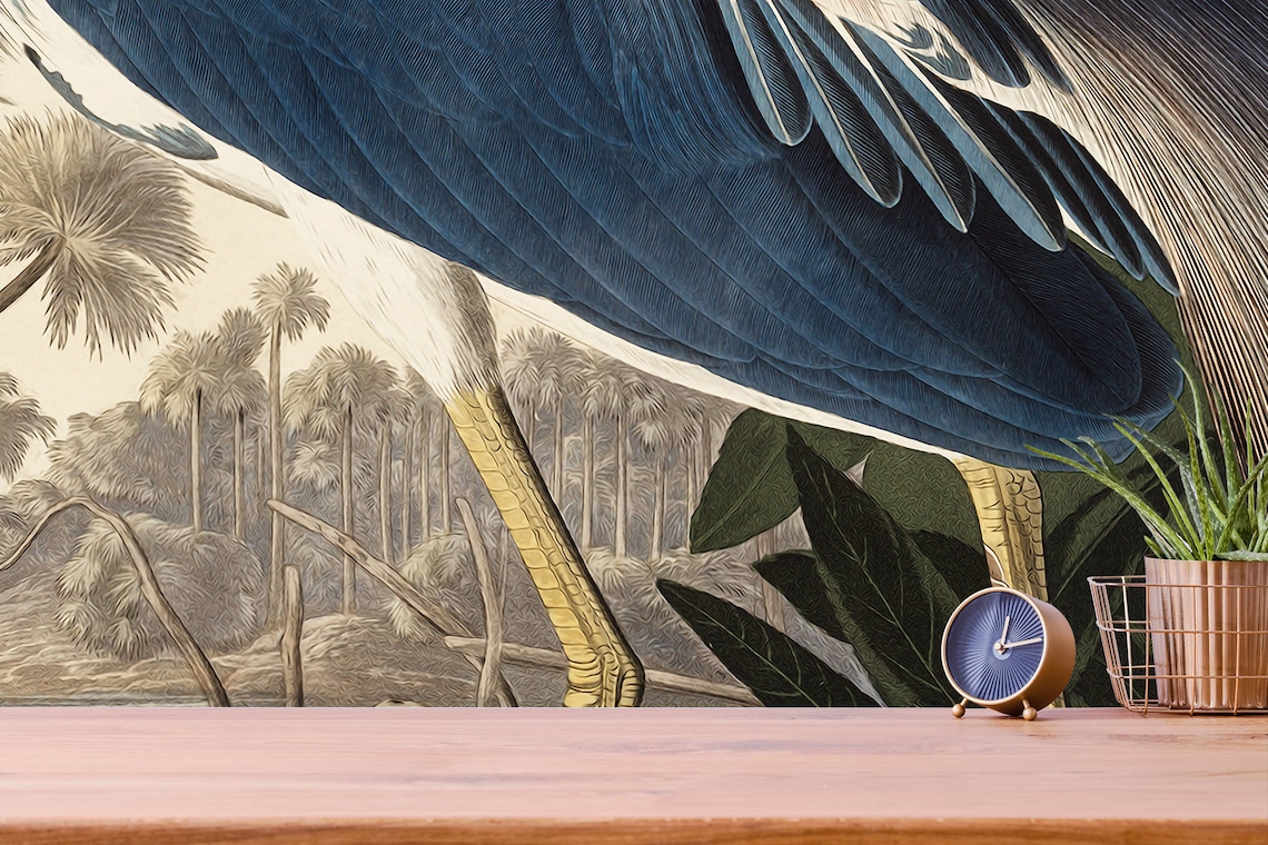 Blue heron wallpaper mural peel and stick vintage removable Etsy