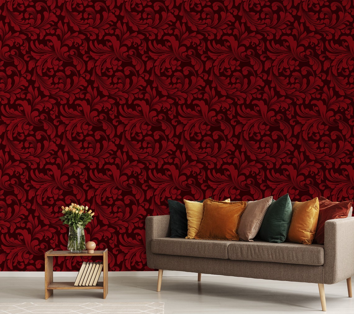 Vintage Red Wallpaper With Damask Pattern Peel and Stick Wall Etsy