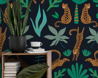 Papier peint de jungle avec léopard et plantes tropicales, décoration murale vintage avec pellicule de protection, papier peint temporaire rétro, décoration d'intérieur #166