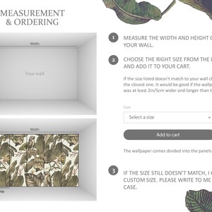 May include: Image showing instructions for measuring and ordering wallpaper. Includes diagrams of a wall and wallpaper panels, with text explaining the process: measure wall, choose size, and custom size options. The text is in English.