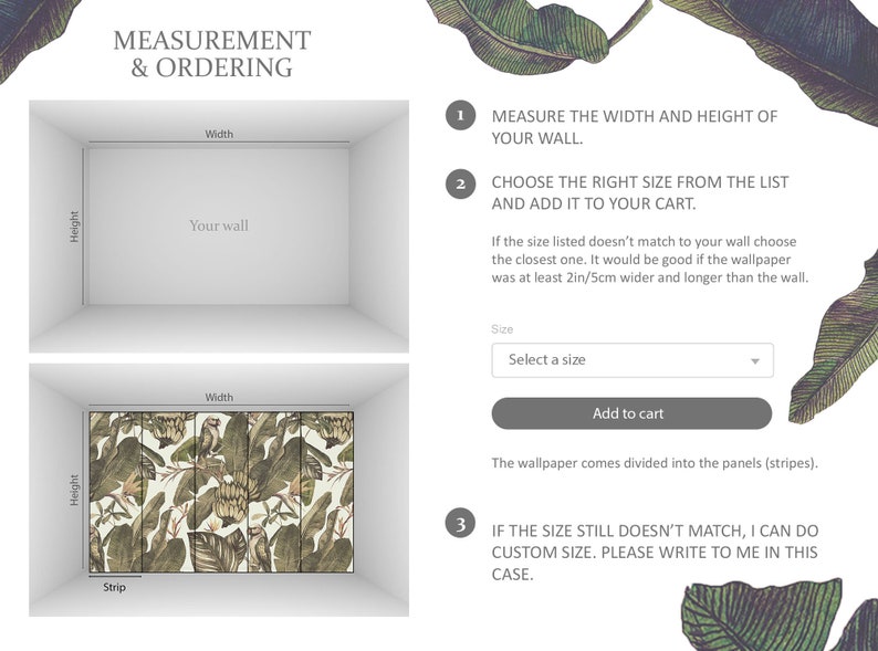 May include: Image showing instructions for measuring and ordering wallpaper. Includes diagrams of a wall and wallpaper panels, with text explaining the process: measure wall, choose size, and custom size options. The text is in English.