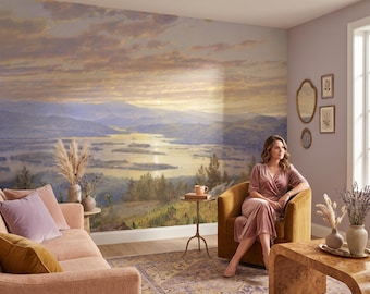 Papel de parede com paisagem deslumbrante, pôr do sol sobre o rio, arte de parede vintage, decoração para casa, autoadesivo ou vinil tradicional #751