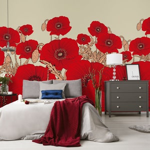 Vintage poppies wallpaper, self adhesive wallpaper, floral wallpaper, wallpaper mural, removable wallpaper, peel and stick wallpaper #60