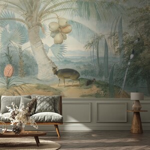 Scenic landscape wallpaper, tropical garden, vintage art wallpaper, self adhesive, peel and stick, removable or regular wallpaper #749