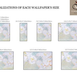 K&ouml;nnte beinhalten: Eine &Uuml;bersicht mit dem Titel VISUALIZATIONS OF EACH WALLPAPER'S SIZE zeigt sieben rechteckige Muster einer Blumentapete mit wei&szlig;en Bl&uuml;ten auf strukturiertem Pastellhintergrund, wobei die Ma&szlig;e in Zoll und Zentimetern angegeben sind.