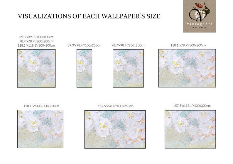 K&ouml;nnte beinhalten: Eine &Uuml;bersicht mit dem Titel VISUALIZATIONS OF EACH WALLPAPER'S SIZE zeigt sieben rechteckige Muster einer Blumentapete mit wei&szlig;en Bl&uuml;ten auf strukturiertem Pastellhintergrund, wobei die Ma&szlig;e in Zoll und Zentimetern angegeben sind.