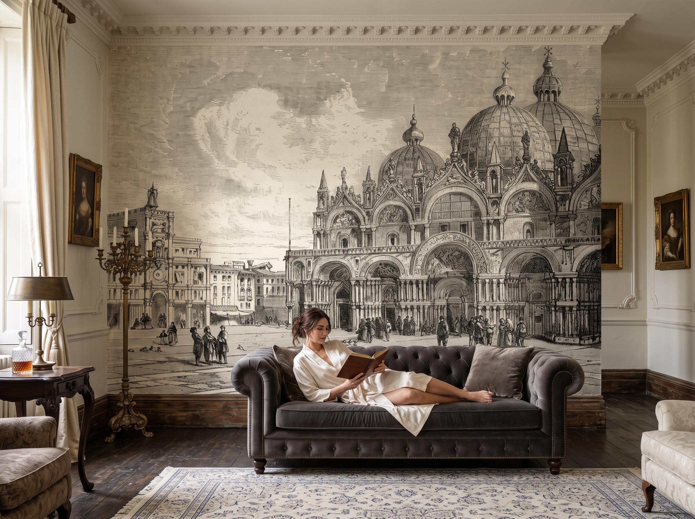 軒瓦 古瓦 モダン アンティーク ヴィンテージ レトロ wall art US Venice Vintage Etching Wall Mural, Vintage Art Wall Mural, Wall