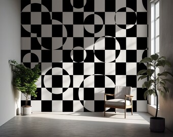 Tapete, schwarz-weiße Tapete, geometrisches Figuren-Muster, Wandbild zum Aufkleben, selbstklebend oder als Tapete #735o