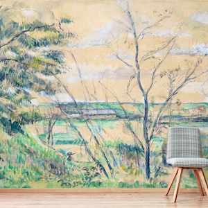 Vintage wall mural painted landscape, self adhesive wallpaper, cloud wallpaper, removable, peel and stick wallpaper, retro wallpaper #347