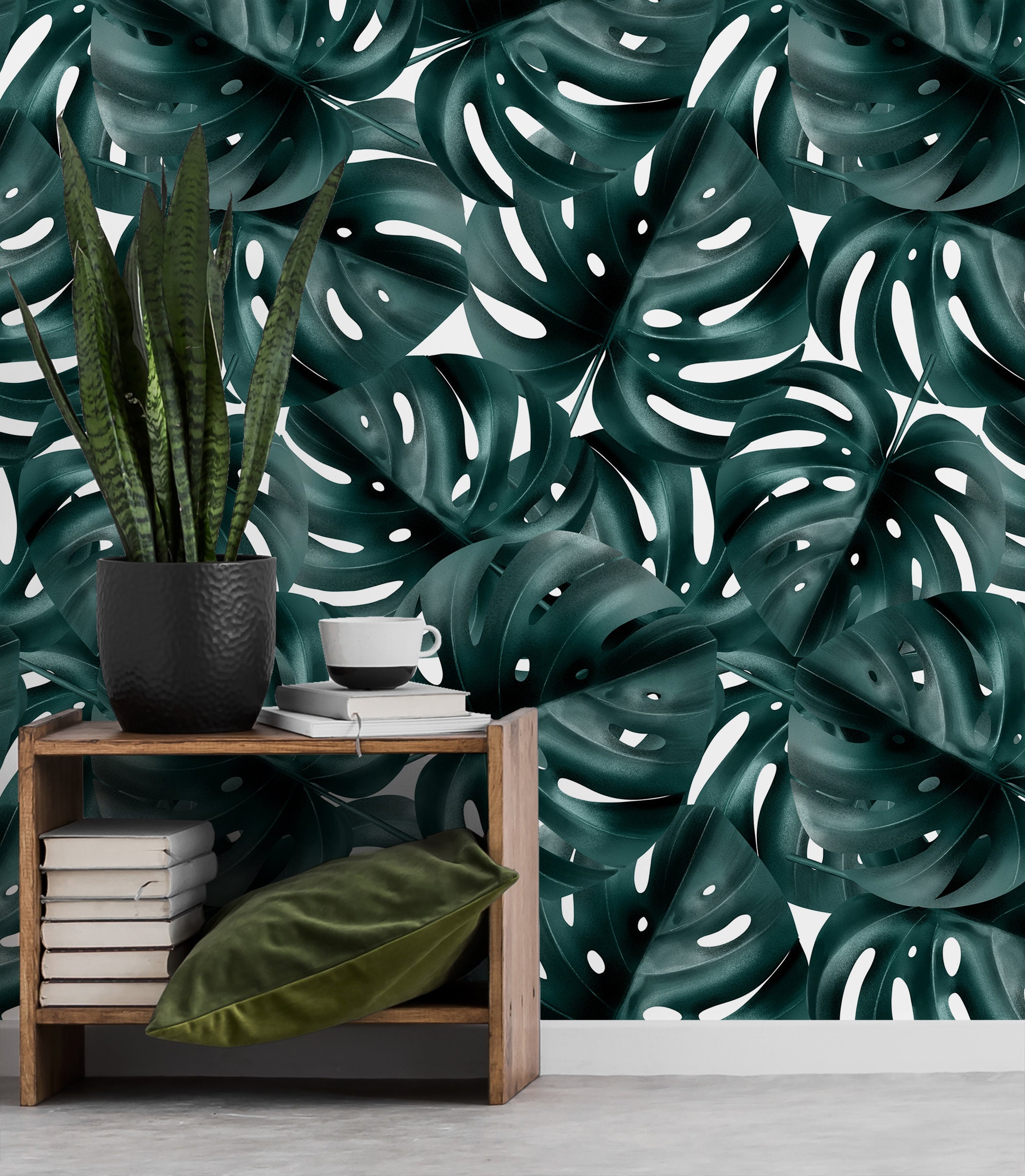 Dark Monstera Leaf Retro Wallpaper, Peel and Stick Wall Mural ...