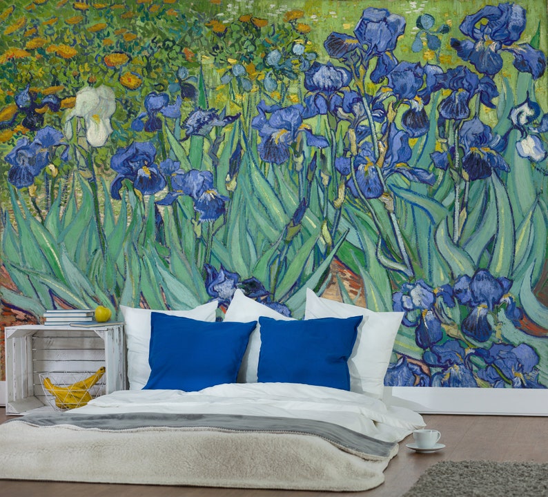 removable wallpaper wall art #80 vintage art wall mural Van Gogh painting Blue irises self adhesive wallpaper peel and stick wallpaper