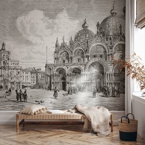 Venice vintage etching wall mural, vintage art wall mural, self adhesive, peel and stick, removable or regular wallpaper #817