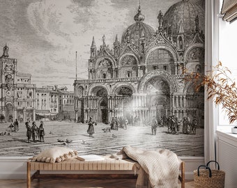 Venice vintage etching wall mural, vintage art wall mural, self adhesive, peel and stick, removable or regular wallpaper #817