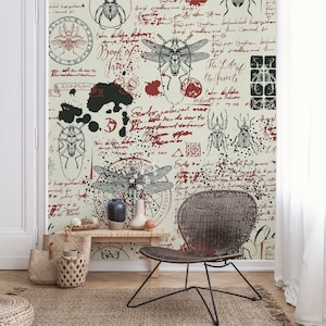 Retro vintage wallpaper with insects and inscriptions, self adhesive, peel and stick wallpaper, removable peel and stick wallpaper #368