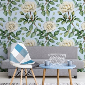 Blue floral wallpaper, peel and stick wall mural with white roses, watercolor vintage wallpaper, self adhesive removable sticker #46