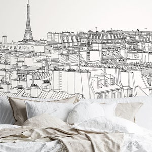 Paris landskapstapet, vintage väggmålning, linjekonst väggmålning, självhäftande, självhäftande väggmålning, avtagbar eller traditionell tapet #594 bild 2
