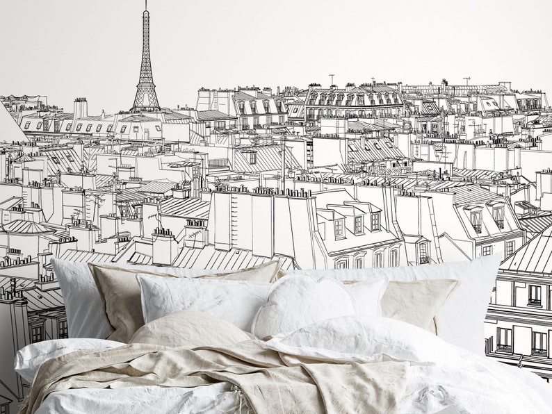 Paris landskapstapet, vintage väggmålning, linjekonst väggmålning, självhäftande, självhäftande väggmålning, avtagbar eller traditionell tapet #594 bild 2