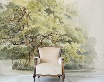 Watercolor tree wall mural, peel and stick wallpaper, vintage art wallpaper, scenic wall art, self adhesive removable wallpaper #279