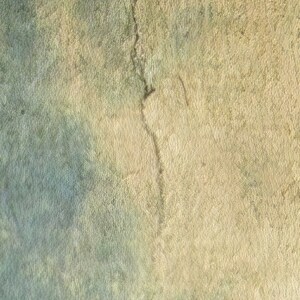 May include: A textured surface featuring a blend of muted blue-gray and warm beige tones. A prominent vertical crack runs through the center of the composition, dividing the color fields and highlighting the rough, uneven nature of the material.