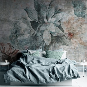 Vintage floral wallpaper, watercolor painting on concrete grunge wall, wallpaper, peel and stick, self adhesive or regular wallpaper #760