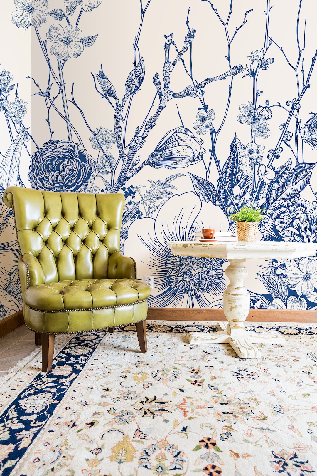 Blue Floral Wall Mural, Peel and Stick Wallpaper, Retro Wall Mural ...