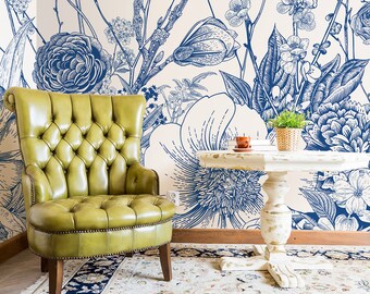 Blue floral wall mural, peel and stick wallpaper, retro wall mural, vintage removable wallpaper, hand drawn wall art #15