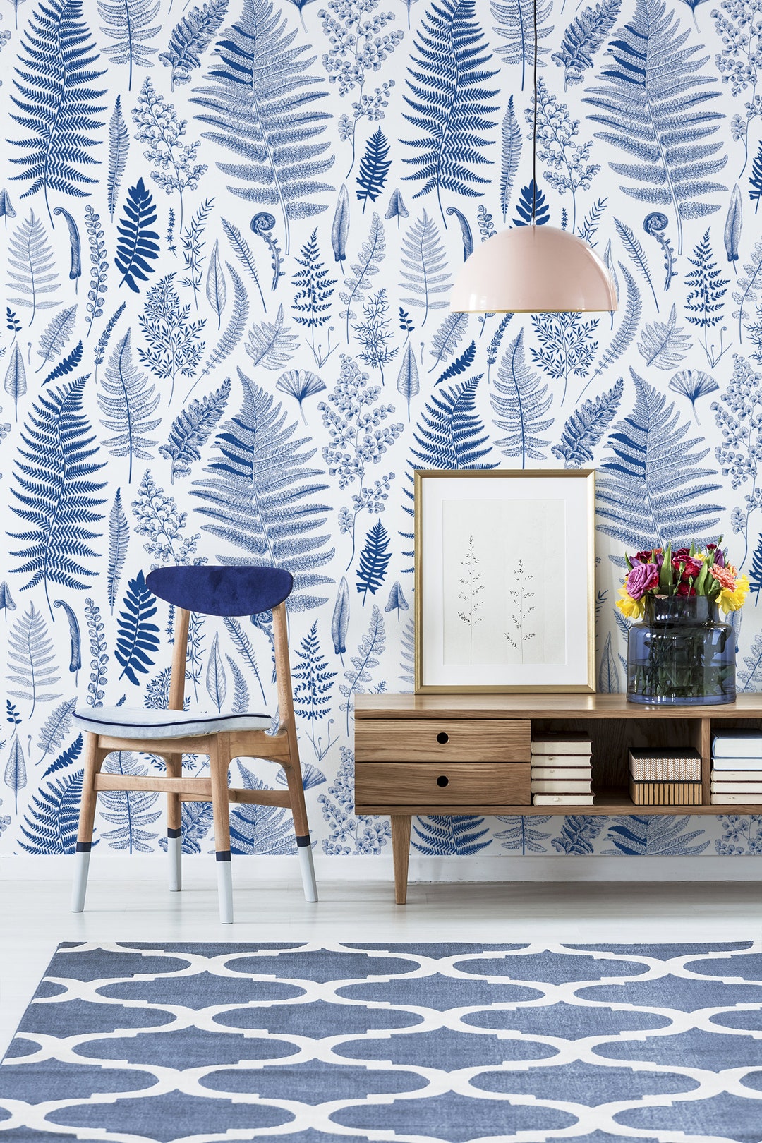 Retro Botanical Wallpaper With Hand Drawn Plants, Peel and Stick Wall Mural, Vintage Removable