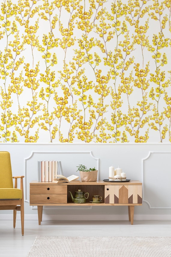 Yellow Mimosa Wallpaper Peel and Stick Wall Mural Watercolor - Etsy