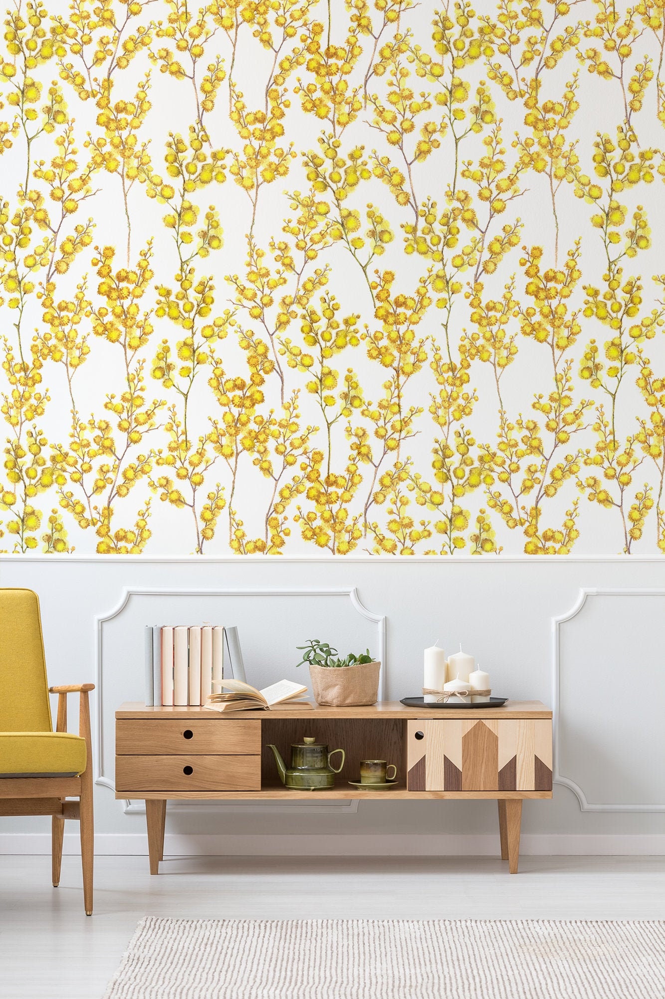 Yellow Mimosa Wallpaper Peel and Stick Wall Mural Watercolor Etsy