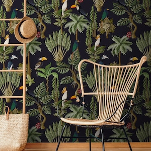 Jungle animals retro wallpaper, peel and stick wallpaper vintage tropical wall mural, temporary removable wallpaper #40