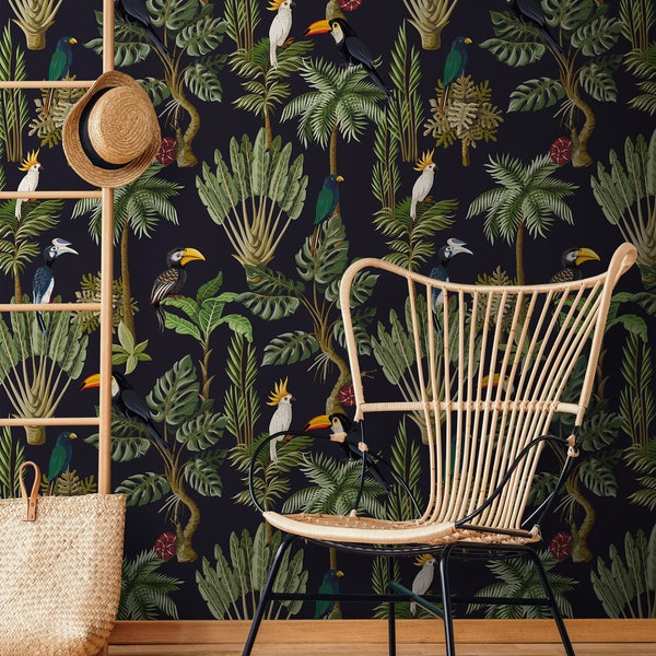 Jungle animals retro wallpaper, peel and stick wallpaper vintage tropical wall mural, temporary removable wallpaper #40