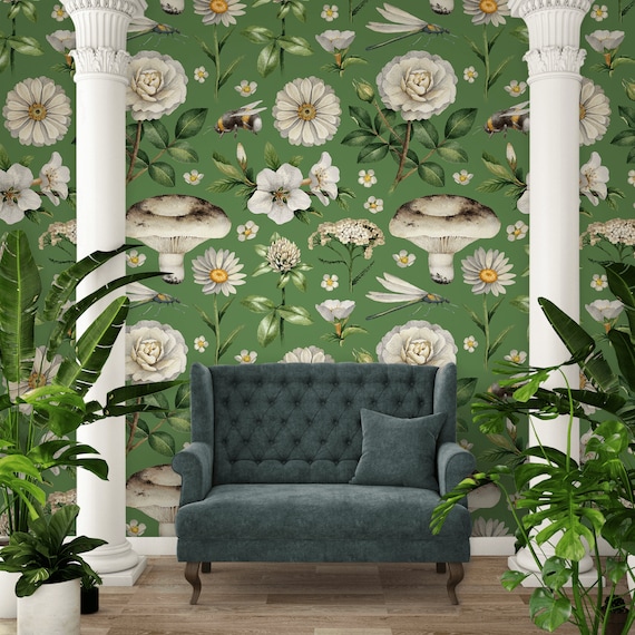 Retro Botanical Wallpaper Peel and Stick Wallpaper Etsy