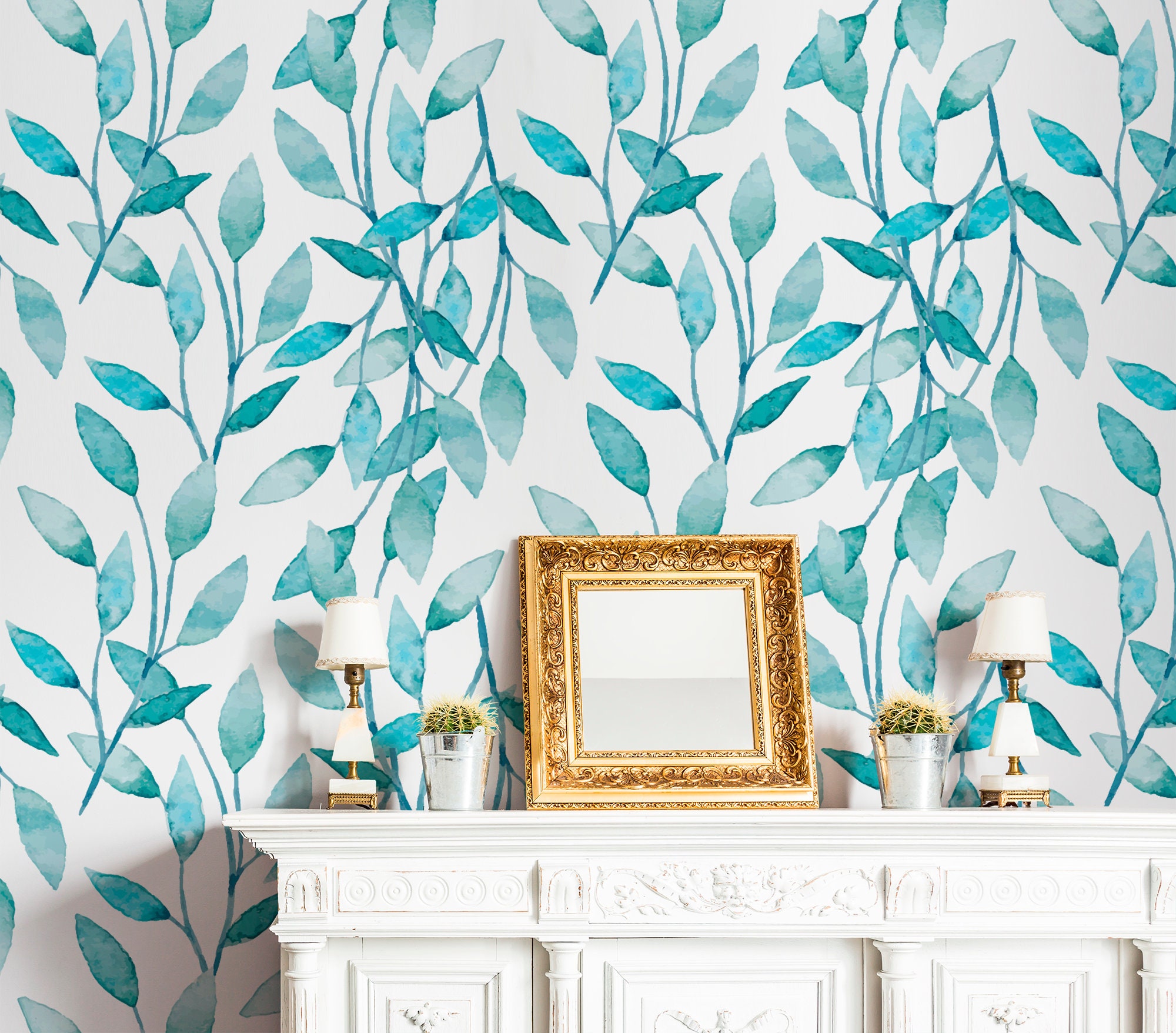 Botanical wallpaper with green leaves peel and stick wall | Etsy