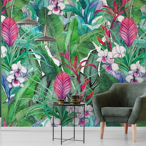 Magnolia & orchids, self adhesive wallpaper, tropical wallpaper, vintage wall mural, removable, peel and stick wallpaper, wall art #104