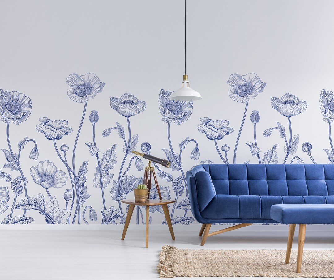 Vintage Floral, Blue Floral Meadow, Custom Wallpaper, Peel and Stick ...