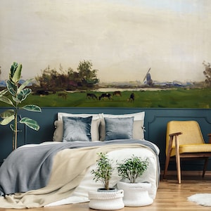 Rural landscape painting wall mural, self adhesive wallpaper,  peel and stick wallpaper, vintage landscape wall mural, wall decor #532